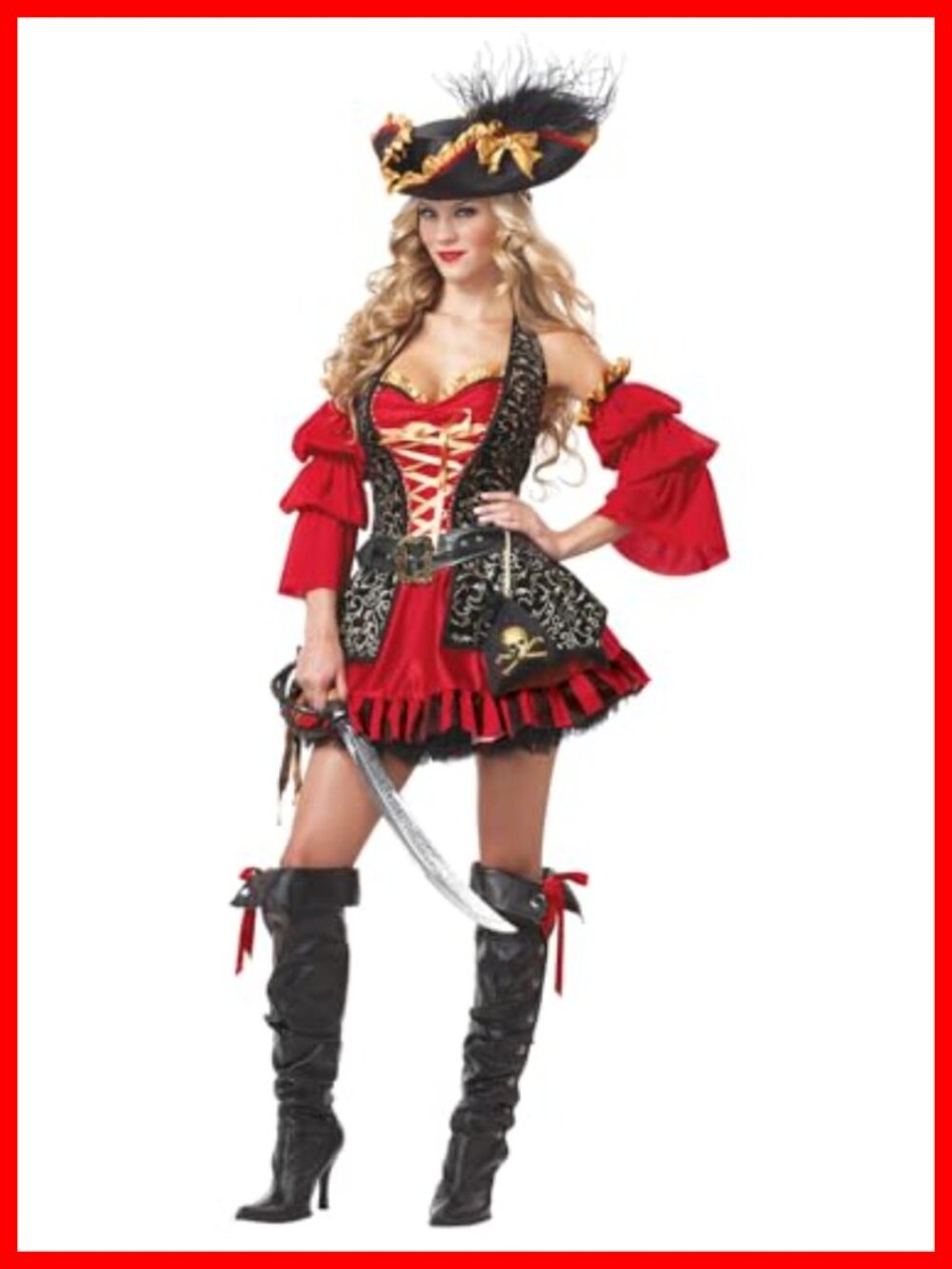 Women's Spanish Pirate Costume Large Dress Hat Sleeves Belt Pouch Halloween